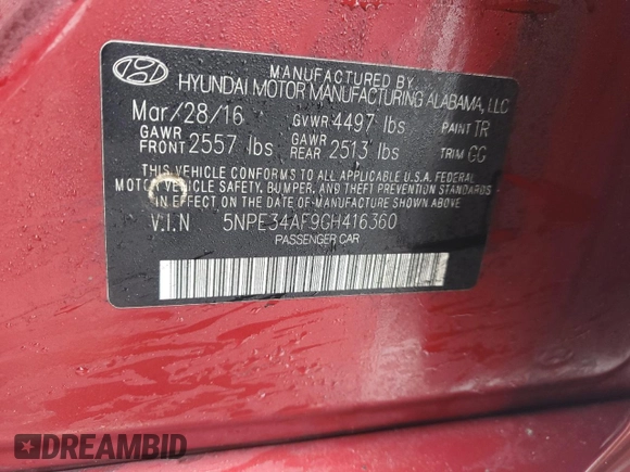 2016 Hyundai Sonata Sport with VIN 5NPE34AF9GH416360, listed as a Copart auction lot 45181925 with 82,863 mi miles and Salvage Title. Bid and sale history available at DreamBid. Image 14.