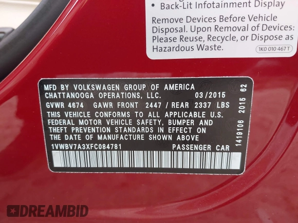 2015 Volkswagen Passat SE с VIN 1VWBV7A3XFC084781, выставлен на аукционе IAAI как лот 42166966 с пробегом 85 109 миль миль и . История ставок и продаж доступна на DreamBid. Изображение 9.