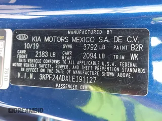 2020 Kia Forte LXS with VIN 3KPF24ADXLE191127, listed as a IAAI auction lot 41790619 with 53,777 mi miles. Bid and sale history available at carsss.com. Image 9.