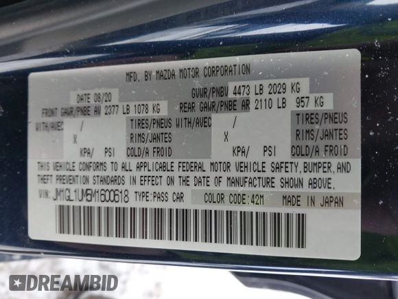 2021 Mazda 6 Sport with VIN JM1GL1UM5M1600618, listed as a IAAI auction lot 41395706 with 14,576 mi miles. Bid and sale history available at carsss.com. Image 9.