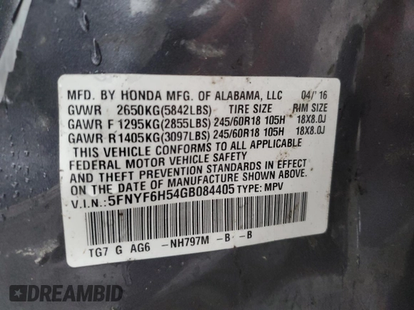 2016 Honda Pilot EX-L with VIN 5FNYF6H54GB084405, listed as a Copart auction lot 82630024 with 169,492 mi miles and Salvage Title. Bid and sale history available at carsss.com. Image 13.