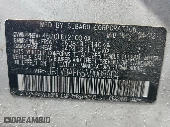 2022 Subaru WRX Premium z VIN JF1VBAF65N9008864, wystawiony jako Copart lot #56528035 z przebiegiem 9 971 mil mil oraz Szkoda całkowita • Salvage title. Historia ofert i sprzedaży dostępna na DreamBid. Obrazek 12.