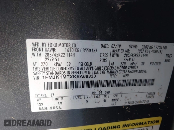 2019 Ford Expedition Max Platinum with VIN 1FMJK1MTXKEA68333, listed as a IAAI auction lot 42002336 with Not provided miles and . Bid and sale history available at DreamBid. Image 9.