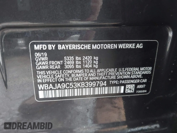 2019 BMW 5 Series 530e iPerformance with VIN WBAJA9C53KB399794, listed as a IAAI auction lot 41561874 with Not Provided miles. Bid and sale history available at carsss.com. Image 9.