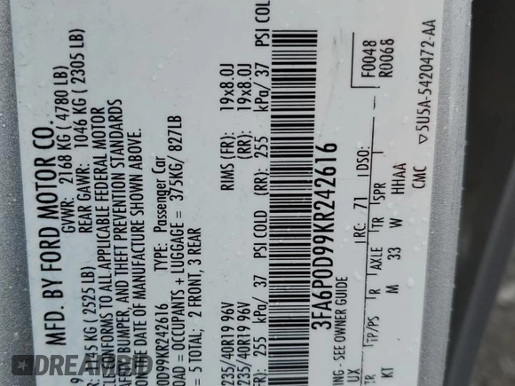 2019 Ford Fusion Titanium with VIN 3FA6P0D99KR242616, listed as a Copart auction lot 57525635 with 79,518 mi miles and Salvage title. Bid and sale history available at DreamBid. Image 12.