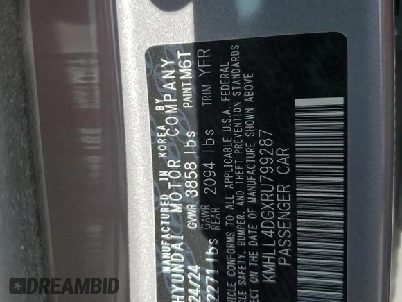 2024 Hyundai Elantra SE with VIN KMHLL4DGXRU799287, listed as a Copart auction lot 47866005 with 5,182 mi miles and Salvage Title. Bid and sale history available at DreamBid. Image 12.