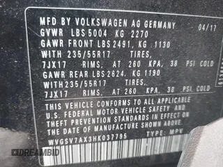2017 Volkswagen Tiguan Wolfsburg Edition with VIN WVGSV7AX3HK037795, listed as a IAAI auction lot 42497812 with 86,211 mi miles and . Bid and sale history available at DreamBid. Image 9.