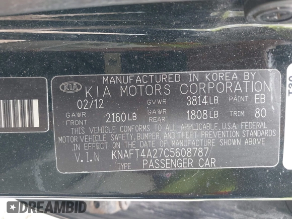 2012 Kia Forte LX with VIN KNAFT4A27C5608787, listed as a IAAI auction lot 42168417 with 113,125 mi miles. Bid and sale history available at carsss.com. Image 9.