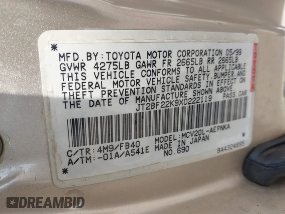 1999 Toyota Camry LE z VIN JT2BF22K9X0222119, wystawiony jako IAAI lot #41529258 z przebiegiem 119 919 mil mil oraz . Historia ofert i sprzedaży dostępna na DreamBid. Obrazek 9.