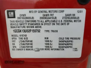 2002 Chevrolet Silverado 1500HD LT z VIN 1GCGK13U02F159792, wystawiony jako Copart lot #63972634 z przebiegiem 211 631 mil mil oraz Czysty tytuł • Clean title. Historia ofert i sprzedaży dostępna na DreamBid. Obrazek 12.