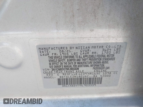 2021 Nissan Versa S with VIN 3N1CN8DV7ML903339, listed as a IAAI auction lot 42397398 with 77,043 mi miles and . Bid and sale history available at DreamBid. Image 9.