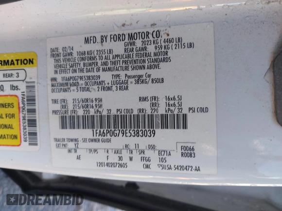 2014 Ford Fusion S with VIN 1FA6P0G79E5383039, listed as a IAAI auction lot 42037262 with 192,400 mi miles and . Bid and sale history available at DreamBid. Image 9.