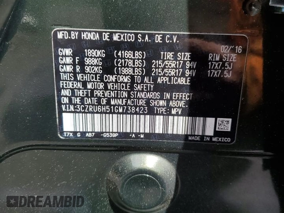2016 Honda HR-V EX with VIN 3CZRU6H51GM738423, listed as a Copart auction lot 56178135 with 119,915 mi miles and Salvage Title. Bid and sale history available at DreamBid. Image 12.