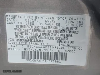 2019 Nissan Versa Sedan SV with VIN 3N1CN7AP9KL875881, listed as a IAAI auction lot 41734287 with 61,740 mi miles. Bid and sale history available at carsss.com. Image 9.