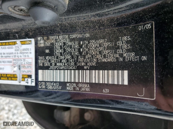 2005 Toyota Highlander with VIN JTEEP21A850104047, listed as a Copart auction lot 52616525 with 220,184 mi miles and Clean Title. Bid and sale history available at carsss.com. Image 13.
