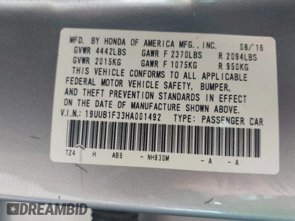 2017 Acura TLX with VIN 19UUB1F33HA001492, listed as a IAAI auction lot 41934322 with 136,139 mi miles and . Bid and sale history available at DreamBid. Image 9.