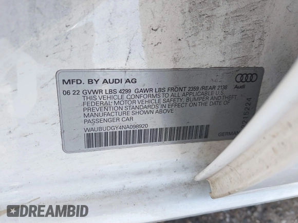 2022 Audi A3 Premium Plus with VIN WAUBUDGY4NA098920, listed as a IAAI auction lot 41331258 with 37,780 mi miles. Bid and sale history available at carsss.com. Image 9.