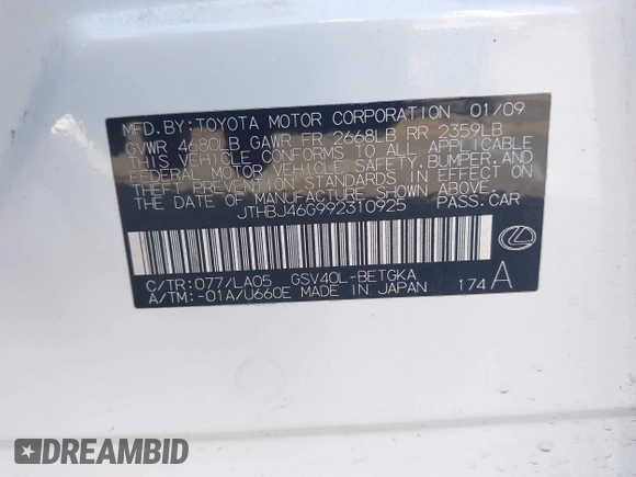 2009 Lexus ES 330 с VIN JTHBJ46G992310925, выставлен на аукционе IAAI как лот 42163666 с пробегом Не указан миль и . История ставок и продаж доступна на DreamBid. Изображение 9.