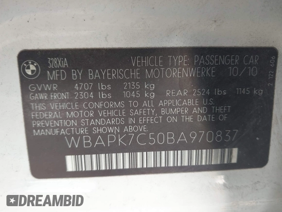 2011 BMW 3 Series 328i xDrive with VIN WBAPK7C50BA970837, listed as a IAAI auction lot 41224747 with 152,125 mi miles. Bid and sale history available at carsss.com. Image 9.