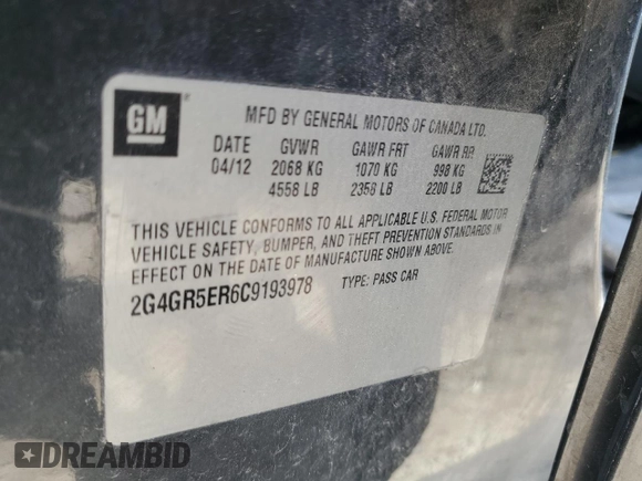2012 Buick Regal with VIN 2G4GR5ER6C9193978, listed as a Copart auction lot 55847205 with 122,255 mi miles and Salvage title. Bid and sale history available at DreamBid. Image 13.