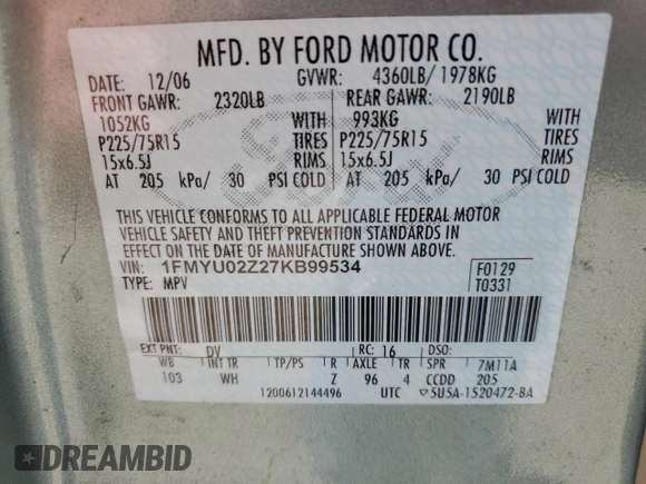 2007 Ford Escape XLS with VIN 1FMYU02Z27KB99534, listed as a Copart auction lot 66872184 with 107,072 mi miles and Salvage Title. Bid and sale history available at carsss.com. Image 13.