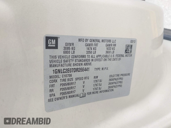 2013 Chevrolet Tahoe Commercial with VIN 1GNLC2E07DR266441, listed as a IAAI auction lot 42062162 with 133,321 mi miles and . Bid and sale history available at DreamBid. Image 9.