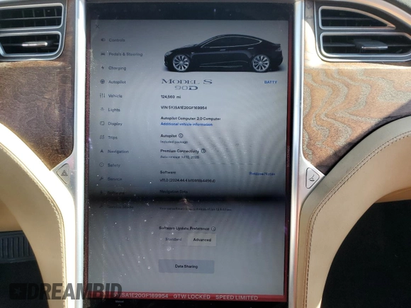 2016 Tesla Model S 90D with VIN 5YJSA1E20GF169954, listed as a Copart auction lot 61974475 with 124,560 mi miles and Salvage title. Bid and sale history available at DreamBid. Image 9.