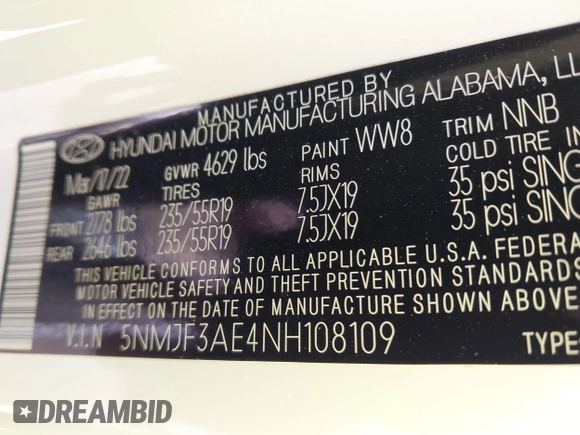 2022 Hyundai Tucson SEL with VIN 5NMJF3AE4NH108109, listed as a IAAI auction lot 42046630 with 24,459 mi miles and . Bid and sale history available at DreamBid. Image 9.