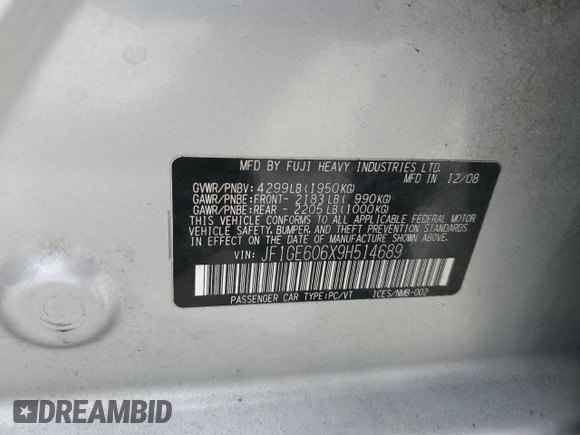 2009 Subaru Impreza i с VIN JF1GE606X9H514689, выставлен на аукционе Copart как лот 52487675 с пробегом 69 956 миль миль и Чистый • Clean title. История ставок и продаж доступна на DreamBid. Изображение 12.