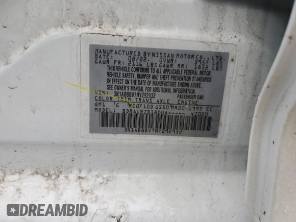 2022 Nissan Sentra S with VIN 3N1AB8BV7NY292932, listed as a Copart auction lot 51415075 with 50,367 mi miles and Salvage Title. Bid and sale history available at carsss.com. Image 13.