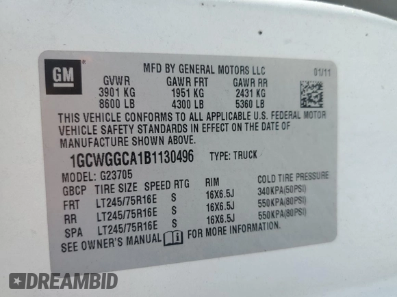 2011 Chevrolet Express Cargo with VIN 1GCWGGCA1B1130496, listed as a Copart auction lot 55515135 with 212,589 mi miles and Salvage title. Bid and sale history available at DreamBid. Image 13.