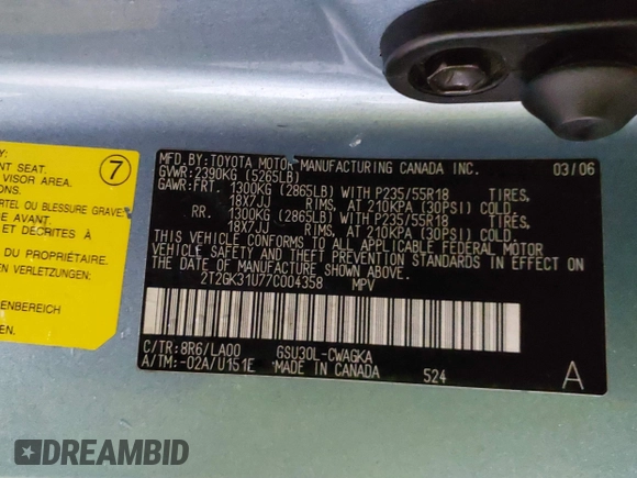 2007 Lexus RX 350 with VIN 2T2GK31U77C004358, listed as a IAAI auction lot 42197095 with 242,413 mi miles and . Bid and sale history available at DreamBid. Image 9.