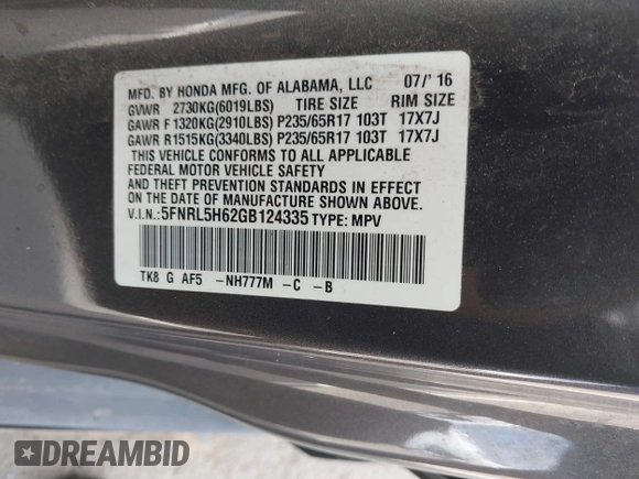 2016 Honda Odyssey EX-L with VIN 5FNRL5H62GB124335, listed as a IAAI auction lot 41910722 with 173,250 mi miles. Bid and sale history available at carsss.com. Image 9.