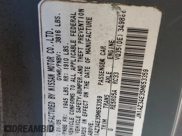 2005 Nissan 350Z Touring with VIN JN1AZ34E35M653359, listed as a Copart auction lot 52513125 with 143,940 mi miles and Salvage Title. Bid and sale history available at carsss.com. Image 12.