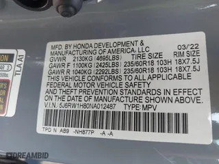 2022 Honda CR-V EX-L with VIN 5J6RW1H80NA012487, listed as a IAAI auction lot 41936191 with 209,258 mi miles. Bid and sale history available at carsss.com. Image 9.