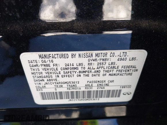 2016 Infiniti Q50 2.0t Premium with VIN JN1CV7AR0GM253412, listed as a IAAI auction lot 41223814 with 45,185 mi miles. Bid and sale history available at carsss.com. Image 9.