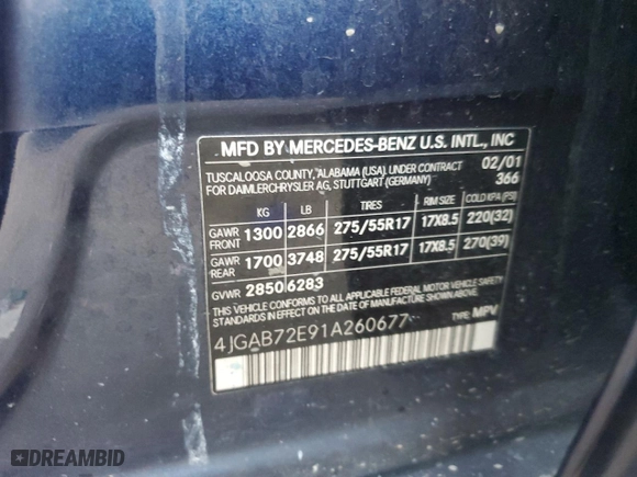 2001 Mercedes-Benz M-Class with VIN 4JGAB72E91A260677, listed as a Copart auction lot 89200235 with 180,414 mi miles and Salvage Title. Bid and sale history available at carsss.com. Image 12.