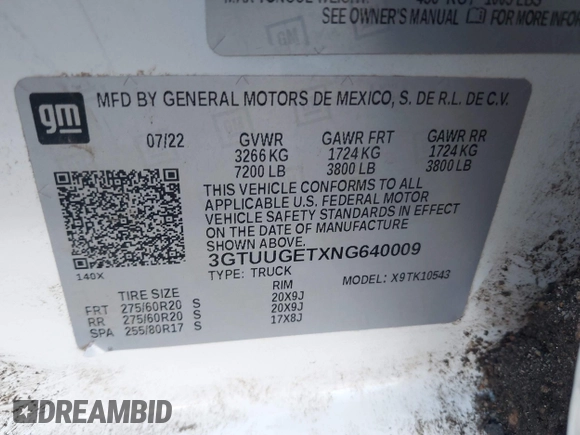 2022 GMC Sierra 1500 with VIN 3GTUUGETXNG640009, listed as a IAAI auction lot 41626847 with 43,537 mi miles and . Bid and sale history available at DreamBid. Image 9.