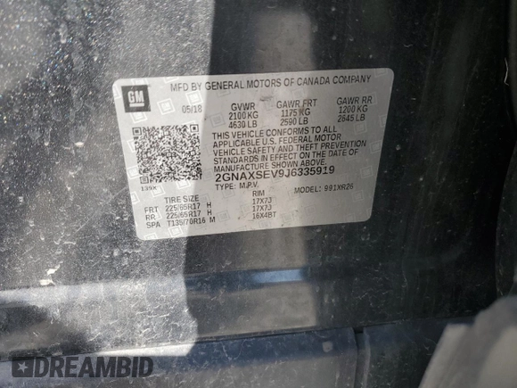 2018 Chevrolet Equinox LT z VIN 2GNAXSEV9J6335919, wystawiony jako Copart lot #53093315 z przebiegiem 92 619 mil mil oraz Szkoda całkowita • Salvage title. Historia ofert i sprzedaży dostępna na DreamBid. Obrazek 13.