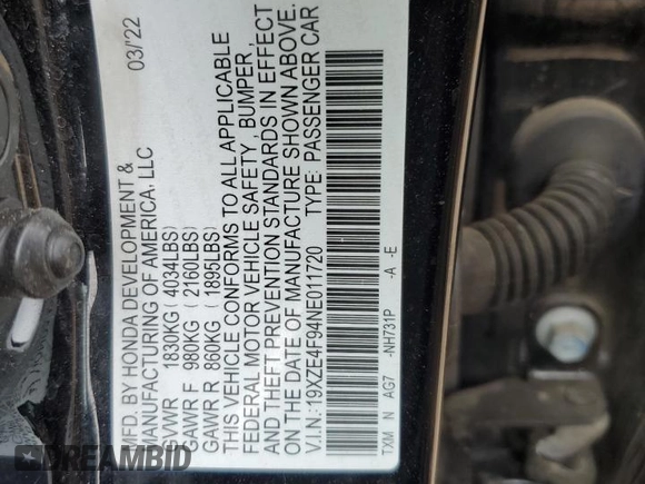 2022 Honda Insight Touring with VIN 19XZE4F94NE011720, listed as a Copart auction lot 60856475 with 19,512 mi miles and Salvage title. Bid and sale history available at DreamBid. Image 13.