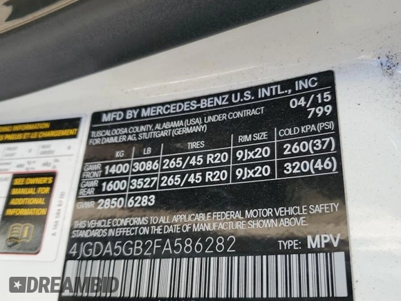 2015 Mercedes-Benz M 400 with VIN 4JGDA5GB2FA586282, listed as a Copart auction lot 85108304 with 123,808 mi miles and Salvage Title. Bid and sale history available at DreamBid. Image 15.