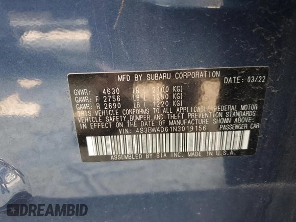2022 Subaru Legacy Premium с VIN 4S3BWAD61N3019156, выставлен на аукционе Copart как лот 58834065 с пробегом 47 130 миль миль и Списание • Salvage title. История ставок и продаж доступна на DreamBid. Изображение 12.