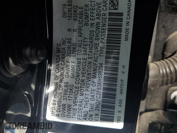 2019 Honda Civic Sport with VIN 2HGFC2F83KH596294, listed as a Copart auction lot 51658795 with 92,145 mi miles and Salvage title. Bid and sale history available at DreamBid. Image 12.