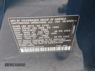 2021 Volkswagen Atlas SEL with VIN 1V2BR2CA8MC505723, listed as a IAAI auction lot 41423187 with 55,890 mi miles and . Bid and sale history available at DreamBid. Image 9.