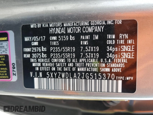 2018 Hyundai Santa Fe Ultimate with VIN 5XYZWDLA2JG515370, listed as a Copart auction lot 47178355 with Not provided miles and Salvage title. Bid and sale history available at DreamBid. Image 15.