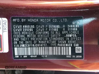 2018 Honda Clarity Plug-In Hybrid with VIN JHMZC5F10JC014717, listed as a Copart auction lot 75118543 with 44,390 mi miles. Bid and sale history available at carsss.com. Image 12.