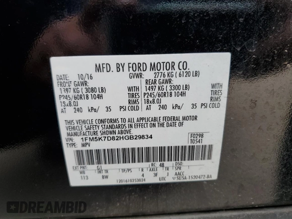 2017 Ford Explorer XLT with VIN 1FM5K7D82HGB29834, listed as a Copart auction lot 52032405 with 115,881 mi miles and Salvage title. Bid and sale history available at DreamBid. Image 16.