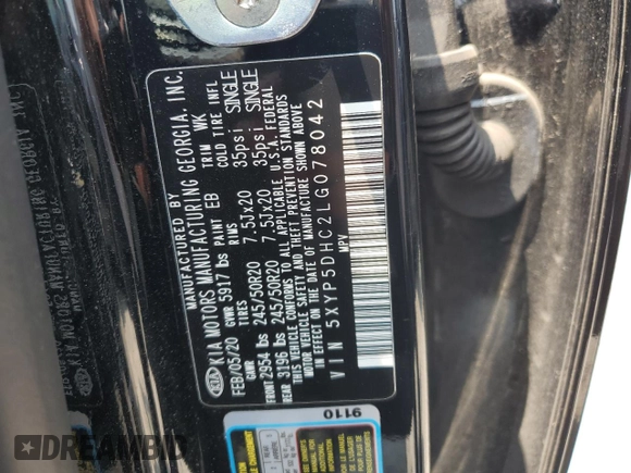 2020 Kia Telluride SX with VIN 5XYP5DHC2LG078042, listed as a Copart auction lot 58500965 with 32,040 mi miles and Salvage title. Bid and sale history available at DreamBid. Image 13.