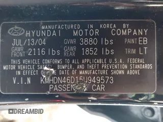 2005 Hyundai Elantra GLS z VIN KMHDN46D15U949573, wystawiony jako IAAI lot #41870209 z przebiegiem 175 819 mil mil oraz . Historia ofert i sprzedaży dostępna na DreamBid. Obrazek 9.