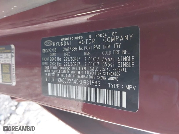 2019 Hyundai Tucson SE with VIN KM8J23A45KU931585, listed as a IAAI auction lot 41797137 with 101,559 mi miles. Bid and sale history available at carsss.com. Image 9.